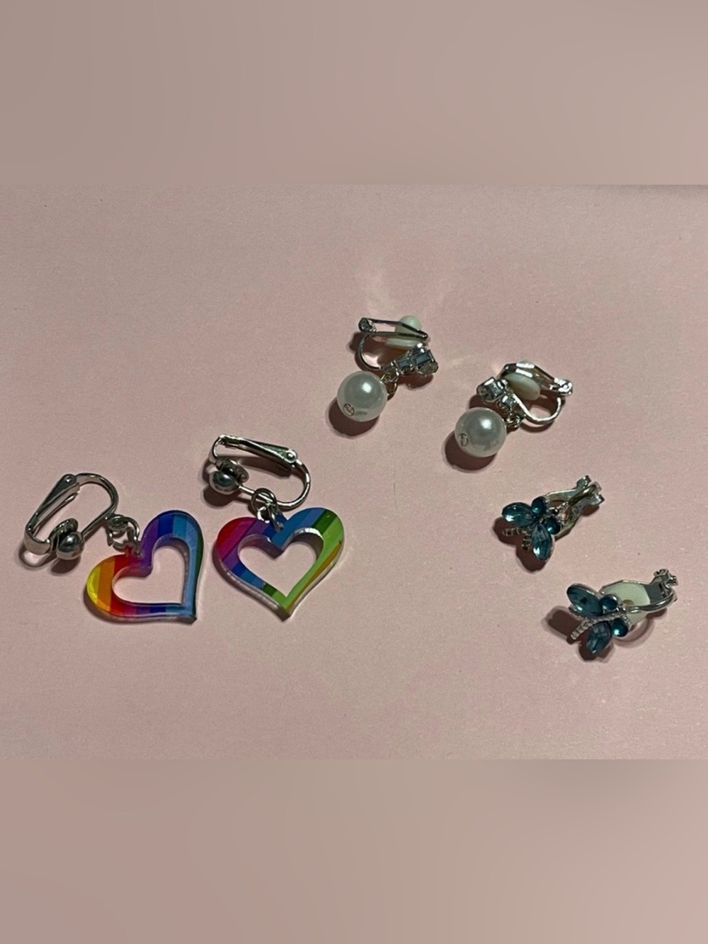 Rainbow Heart, Butterfly & Faux Pearl Clip on Bundle Earrings Lot #6451